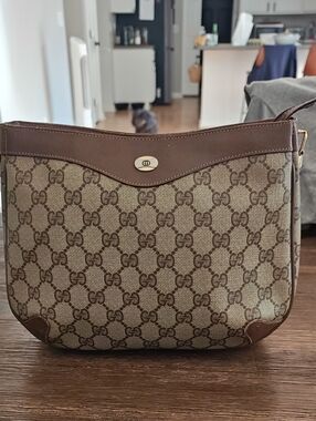 Gucci Brown GG Monogram Shoulder Bag with Leather Trim